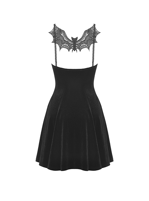 Sexy Black Velvet With Bat Embroidery Pattern On The Back Gothic Suspender Dress