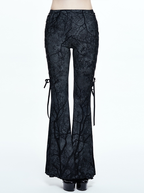 Branch Printing Side Lace-Up Stretch Knitted Gray Gothic Bell-Bottom Pants