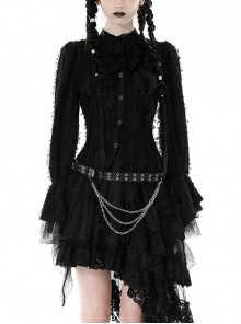 Black Striped Raw Edge Ribbon Ruffle Collar Gothic Style Long Sleeved Shirt