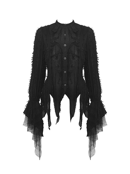 Black Striped Raw Edge Ribbon Ruffle Collar Gothic Style Long Sleeved Shirt