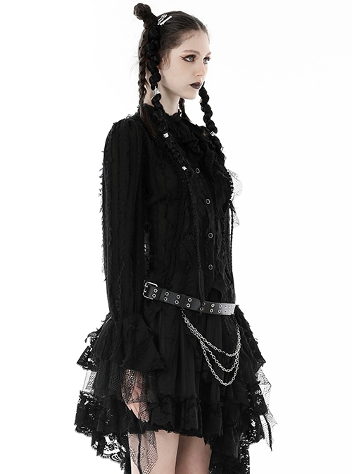 Black Striped Raw Edge Ribbon Ruffle Collar Gothic Style Long Sleeved Shirt
