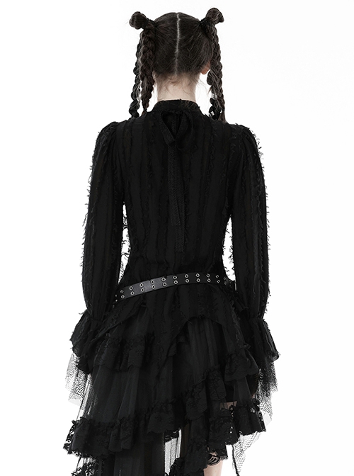 Black Striped Raw Edge Ribbon Ruffle Collar Gothic Style Long Sleeved Shirt