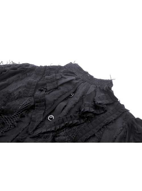 Black Striped Raw Edge Ribbon Ruffle Collar Gothic Style Long Sleeved Shirt