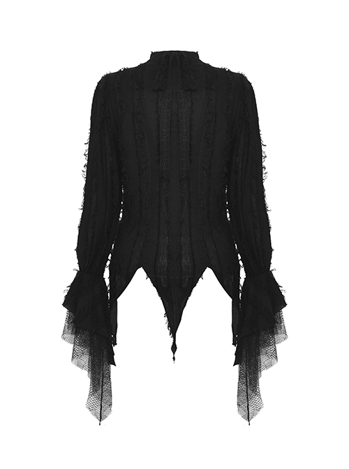 Black Striped Raw Edge Ribbon Ruffle Collar Gothic Style Long Sleeved Shirt