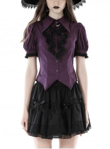 Slim And Sexy Purple Fake Lapel Moon Decorated Gothic Short Sleeved Shirt