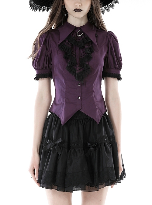Slim And Sexy Purple Fake Lapel Moon Decorated Gothic Short Sleeved Shirt