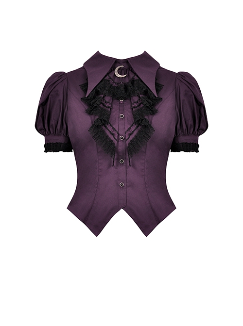 Slim And Sexy Purple Fake Lapel Moon Decorated Gothic Short Sleeved Shirt