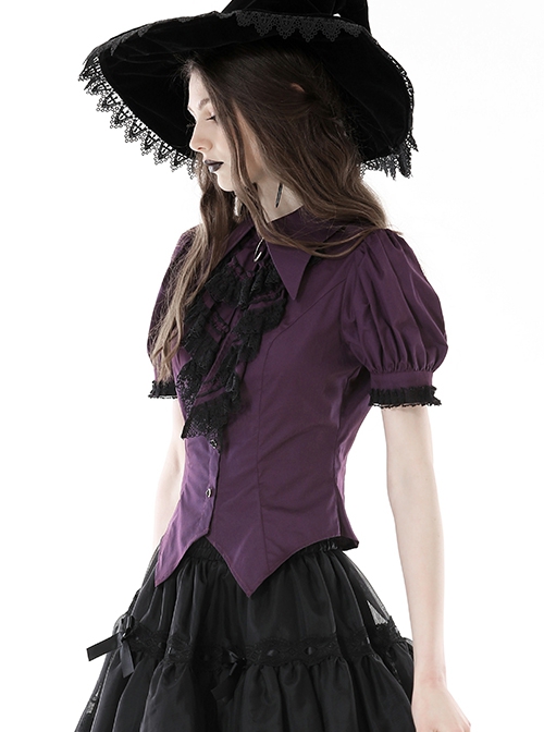 Slim And Sexy Purple Fake Lapel Moon Decorated Gothic Short Sleeved Shirt