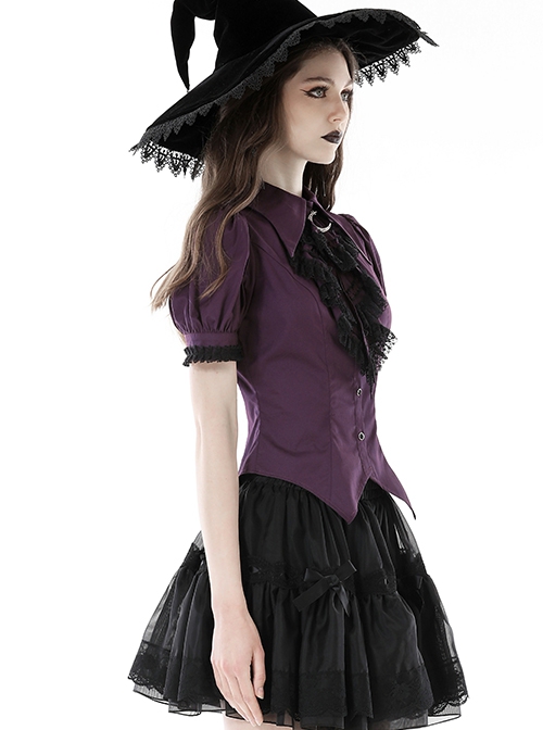 Slim And Sexy Purple Fake Lapel Moon Decorated Gothic Short Sleeved Shirt