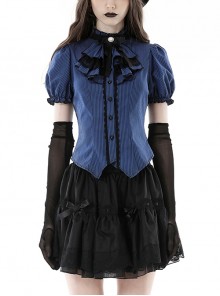 Black And Blue Striped Ruffle Collar Slim Fit Gothic Short Sleeved Shirt
