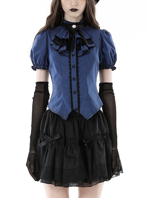 Black And Blue Striped Ruffle Collar Slim Fit Gothic Short Sleeved Shirt