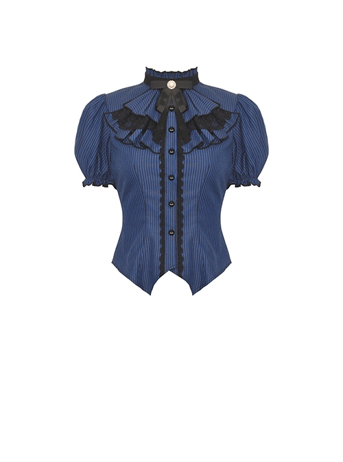 Black And Blue Striped Ruffle Collar Slim Fit Gothic Short Sleeved Shirt