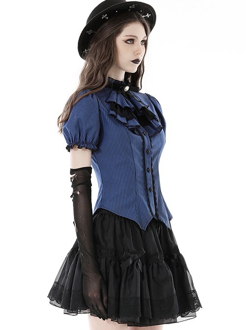 Black And Blue Striped Ruffle Collar Slim Fit Gothic Short Sleeved Shirt
