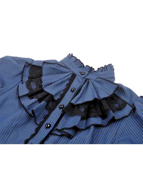 Black And Blue Striped Ruffle Collar Slim Fit Gothic Short Sleeved Shirt
