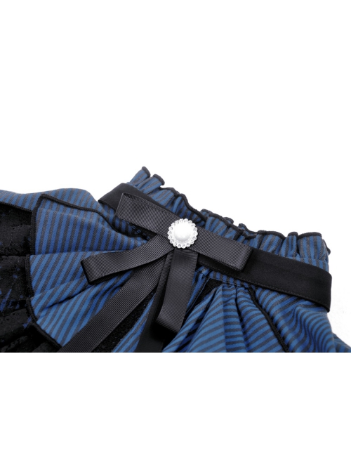 Black And Blue Striped Ruffle Collar Slim Fit Gothic Short Sleeved Shirt