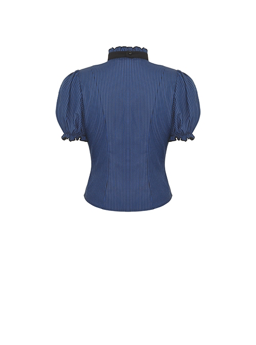 Black And Blue Striped Ruffle Collar Slim Fit Gothic Short Sleeved Shirt