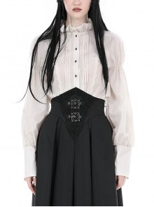 Simple White Linen Loose Chest Vertical Stripe Gothic Style Puff Sleeve Shirt