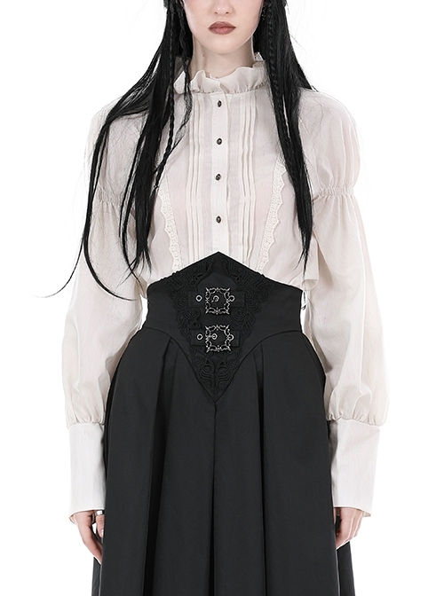 Simple White Linen Loose Chest Vertical Stripe Gothic Style Puff Sleeve Shirt