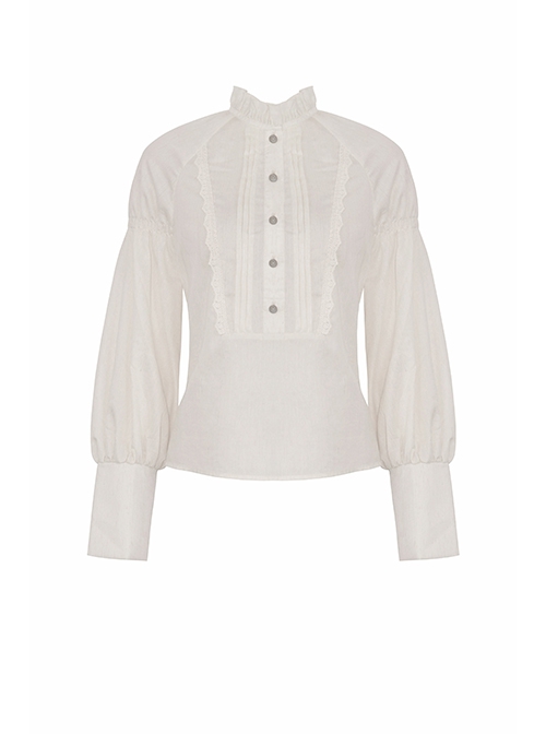 Simple White Linen Loose Chest Vertical Stripe Gothic Style Puff Sleeve Shirt