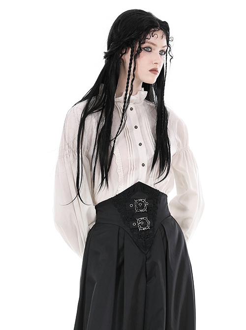 Simple White Linen Loose Chest Vertical Stripe Gothic Style Puff Sleeve Shirt