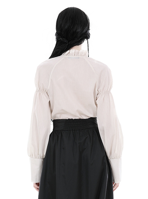 Simple White Linen Loose Chest Vertical Stripe Gothic Style Puff Sleeve Shirt