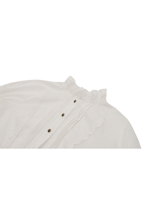 Simple White Linen Loose Chest Vertical Stripe Gothic Style Puff Sleeve Shirt