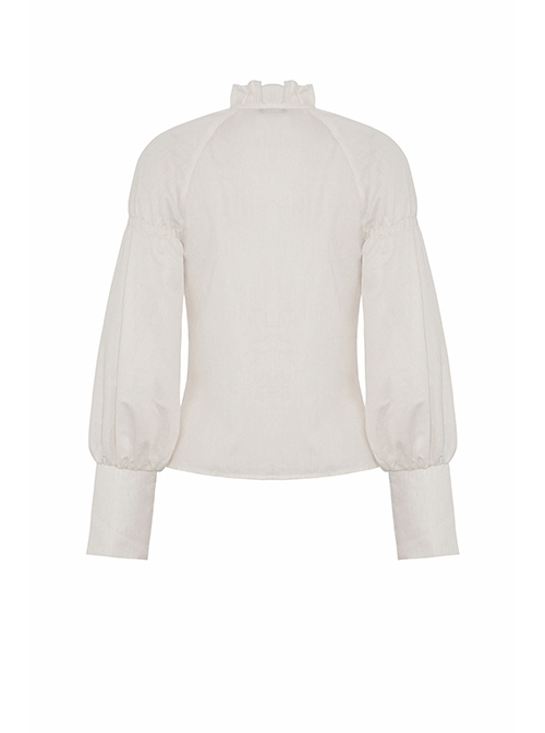 Simple White Linen Loose Chest Vertical Stripe Gothic Style Puff Sleeve Shirt