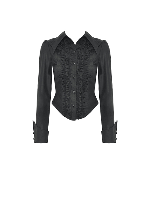 Black Slim Fit Lapel Front Ruffled Gothic Long Sleeved Shirt