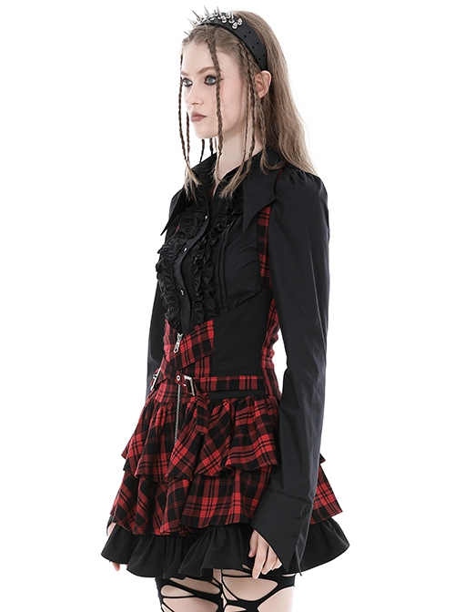 Black Slim Fit Lapel Front Ruffled Gothic Long Sleeved Shirt