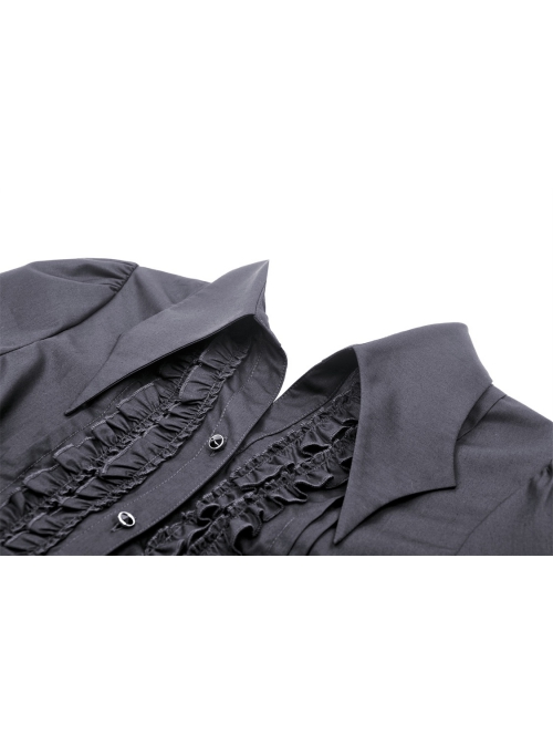 Black Slim Fit Lapel Front Ruffled Gothic Long Sleeved Shirt