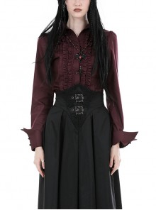 Red Slim Fit Lapel Front Ruffled Gothic Long Sleeved Shirt