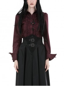 Red Slim Fit Lapel Front Ruffled Gothic Long Sleeved Shirt