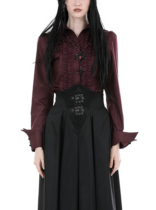 Red Slim Fit Lapel Front Ruffled Gothic Long Sleeved Shirt