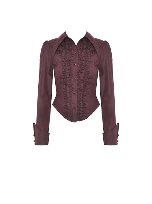 Red Slim Fit Lapel Front Ruffled Gothic Long Sleeved Shirt