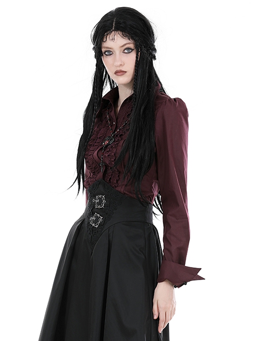 Red Slim Fit Lapel Front Ruffled Gothic Long Sleeved Shirt