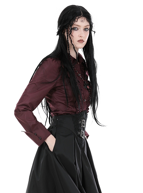 Red Slim Fit Lapel Front Ruffled Gothic Long Sleeved Shirt