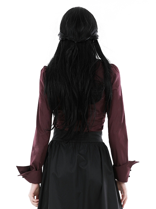 Red Slim Fit Lapel Front Ruffled Gothic Long Sleeved Shirt