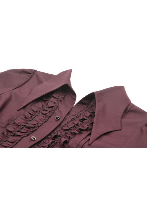 Red Slim Fit Lapel Front Ruffled Gothic Long Sleeved Shirt