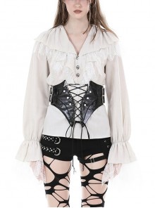 White Woven Spliced Ruffled V Neck Webbing Lace Punk Style Loose Long Sleeved Top
