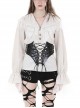 White Woven Spliced Ruffled V Neck Webbing Lace Punk Style Loose Long Sleeved Top
