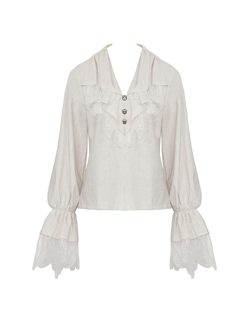 White Woven Spliced Ruffled V Neck Webbing Lace Punk Style Loose Long Sleeved Top