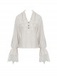 White Woven Spliced Ruffled V Neck Webbing Lace Punk Style Loose Long Sleeved Top
