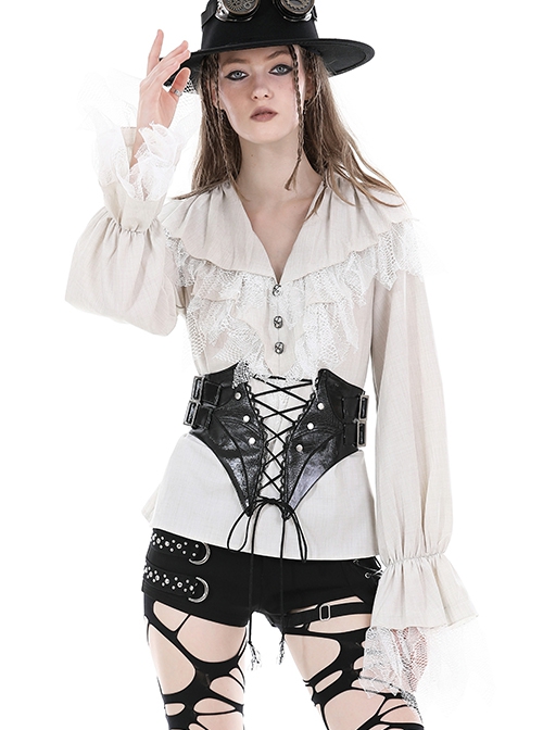 White Woven Spliced Ruffled V Neck Webbing Lace Punk Style Loose Long Sleeved Top