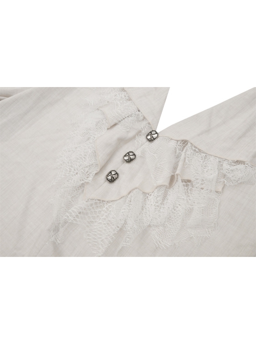 White Woven Spliced Ruffled V Neck Webbing Lace Punk Style Loose Long Sleeved Top