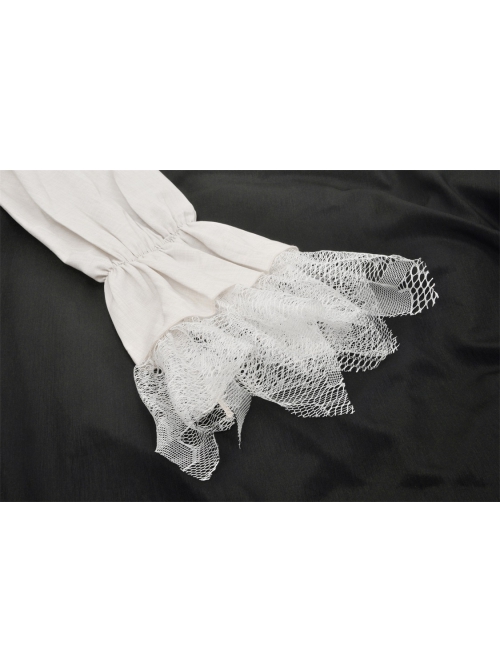 White Woven Spliced Ruffled V Neck Webbing Lace Punk Style Loose Long Sleeved Top