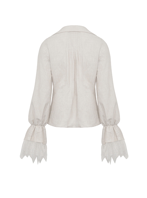 White Woven Spliced Ruffled V Neck Webbing Lace Punk Style Loose Long Sleeved Top