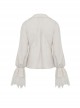 White Woven Spliced Ruffled V Neck Webbing Lace Punk Style Loose Long Sleeved Top
