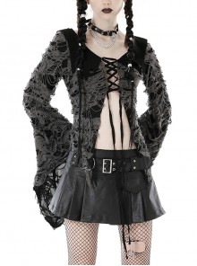 Gray Decadent Hole Woven Woven Front Cross Lace Spiked Round Neck Gothic Sexy Cardigan Shirt