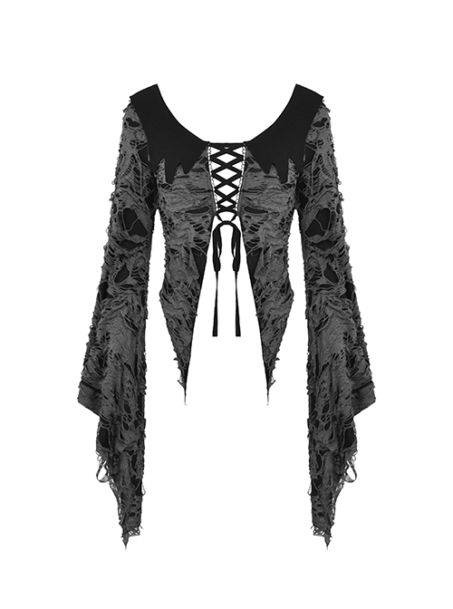 Gray Decadent Hole Woven Woven Front Cross Lace Spiked Round Neck Gothic Sexy Cardigan Shirt