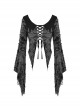 Gray Decadent Hole Woven Woven Front Cross Lace Spiked Round Neck Gothic Sexy Cardigan Shirt